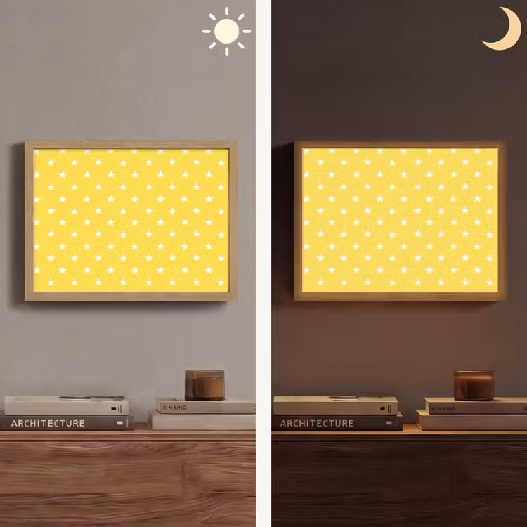 Sterren - Patroon - Minimalistisch - Geel Light Box met batterij (Wandlamp) middel 907 -sfeer3