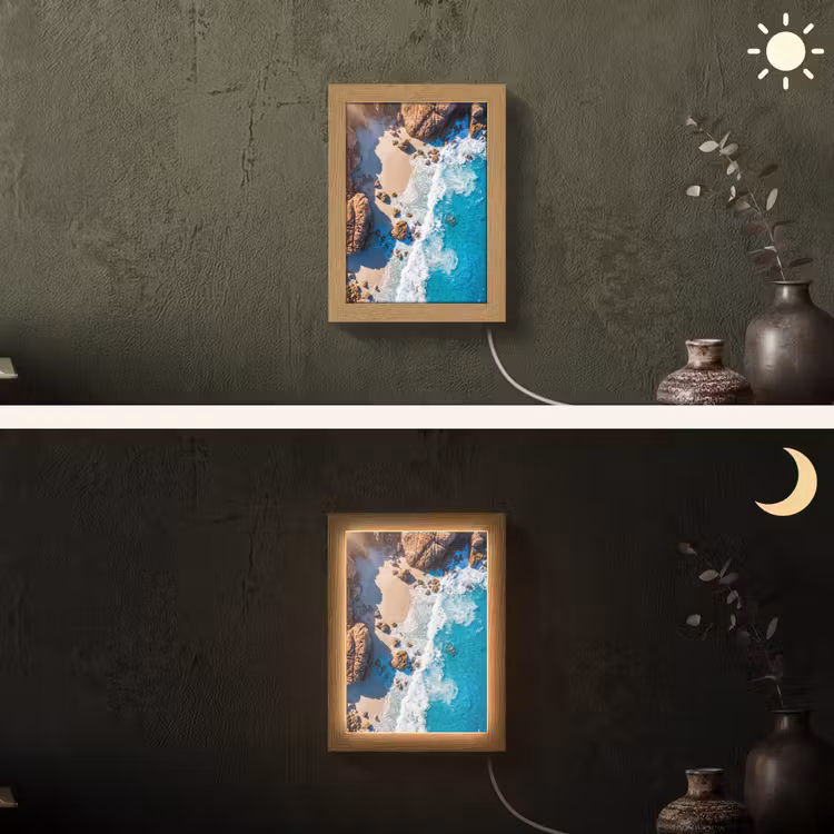 Strand - Zee - Rotsen - Natuur - Blauw Light Box met kabel (Wandlamp) klein -sfeer3