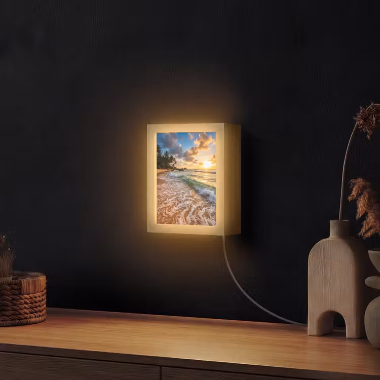 Strand - Zonsondergang - Golven - Natuur - Goud Light Box met kabel (Wandlamp) klein -sfeer1
