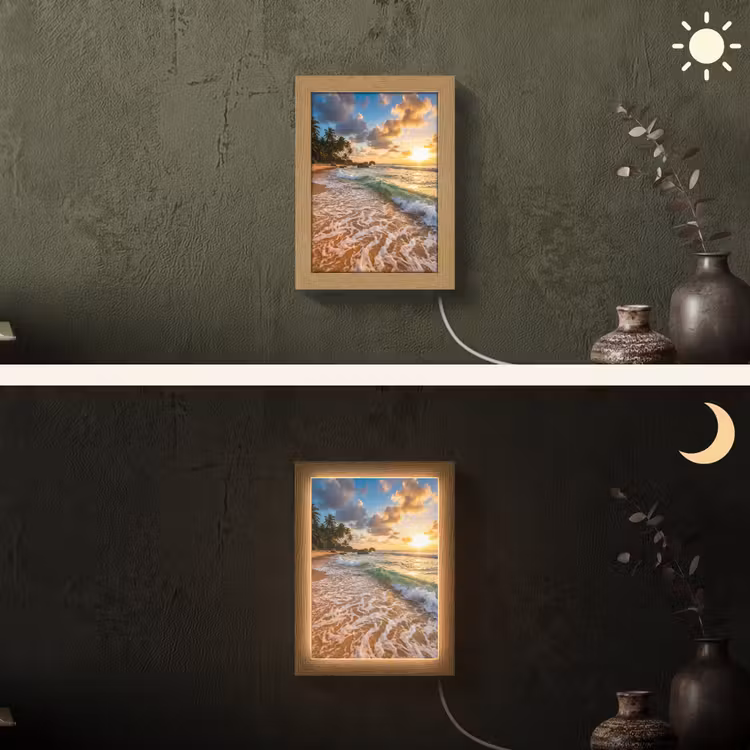 Strand - Zonsondergang - Golven - Natuur - Goud Light Box met kabel (Wandlamp) klein -sfeer3