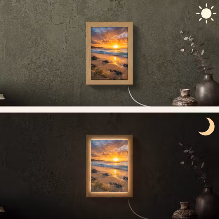 Strand - Zonsondergang - Golven - Natuur - Oranje Light Box met kabel (Wandlamp) klein -sfeer3