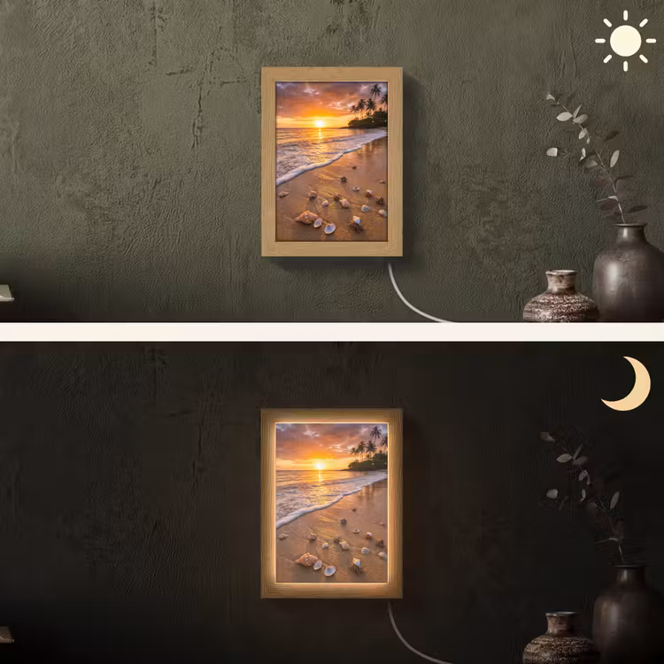 Strand - Zonsondergang - Palmbomen - Natuur - Oranje Light Box met kabel (Wandlamp) klein -sfeer3