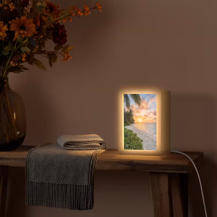 Strand - Zonsondergang - Palmbomen - Tropisch - Natuur Light Box met kabel (Wandlamp) klein -sfeer4