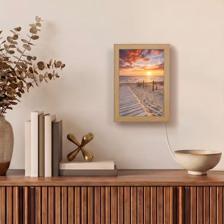 Strand - Zonsondergang - Zee - Natuur - Oranje Light Box met kabel (Wandlamp) klein -sfeer2