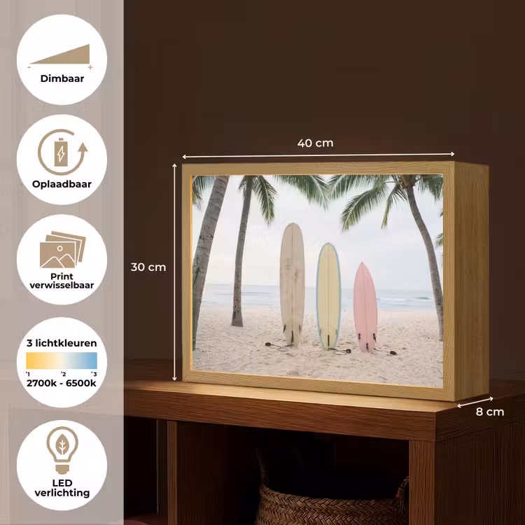 Surfboard - Palmbomen - Kleurrijk Light Box met batterij (Wandlamp) middel -USP_websiteoverzichtNL