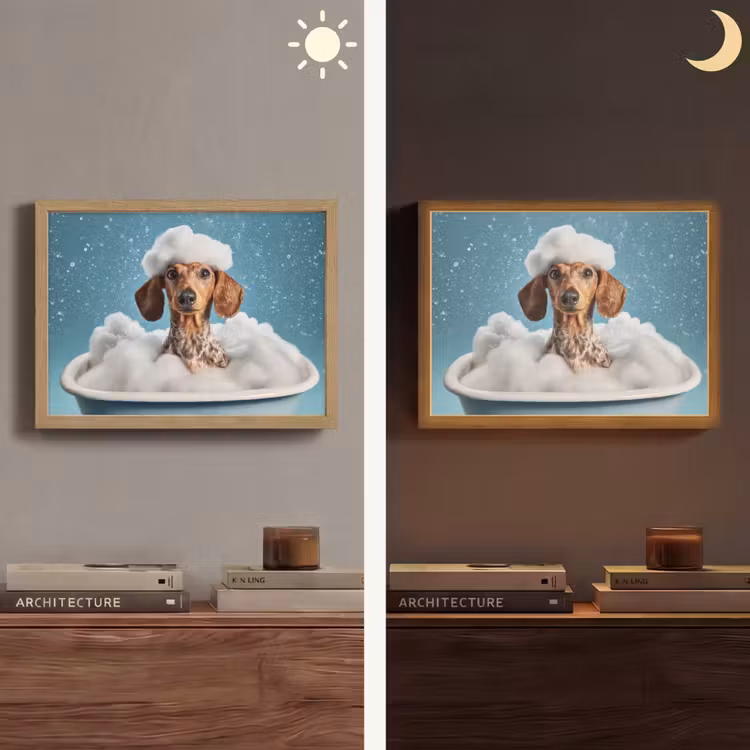 Teckel - Bad - Schuim - Waterdruppels Light Box met batterij (Wandlamp) middel -sfeer3