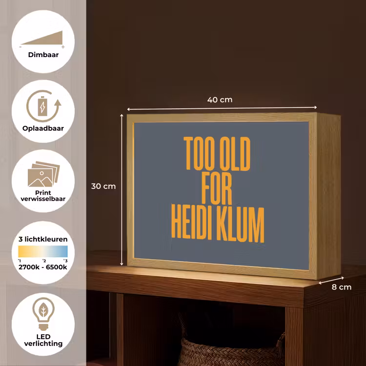 Too old for heidi klum - Geel - Blauw Light Box met batterij (Wandlamp) middel -USP_websiteoverzichtNL