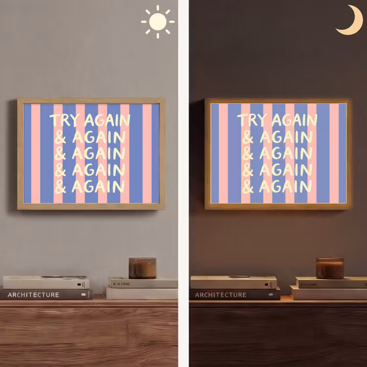Try again - Strepen - Roze - Verticaal - Blauw Light Box met batterij (Wandlamp) middel -sfeer3