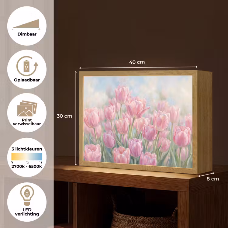 Tulpen - Veld - Lente - Roze Light Box met batterij (Wandlamp) middel -USP_websiteoverzichtNL