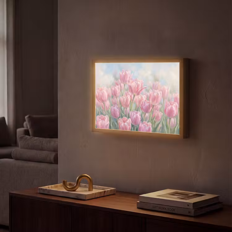 Tulpen - Veld - Lente - Roze Light Box met batterij (Wandlamp) middel -sfeer1