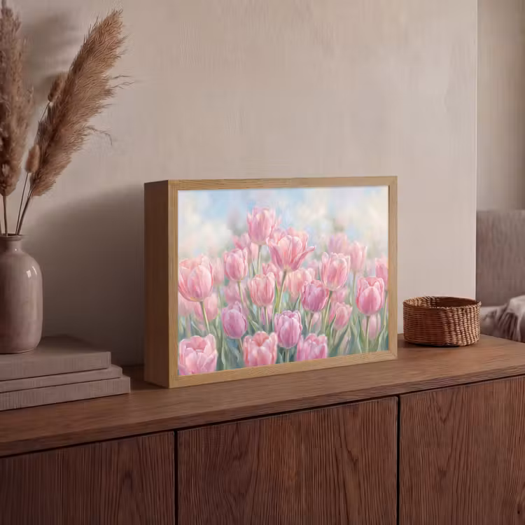 Tulpen - Veld - Lente - Roze Light Box met batterij (Wandlamp) middel -sfeer2