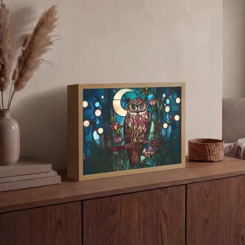 Uil - Mozaïek - Maan - Nacht Light Box met batterij (Wandlamp) middel -sfeer2