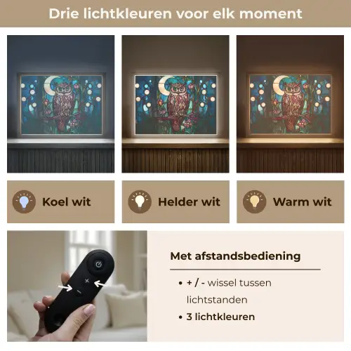 Uil - Mozaïek - Maan - Nacht Light Box met batterij (Wandlamp) middel -USP_lichtkleurNL