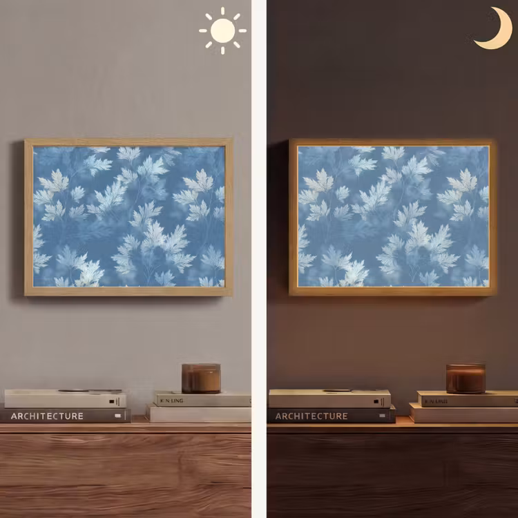 Varen - Botanisch - Patroon - Grijsblauw Light Box met batterij (Wandlamp) middel 907 -sfeer3