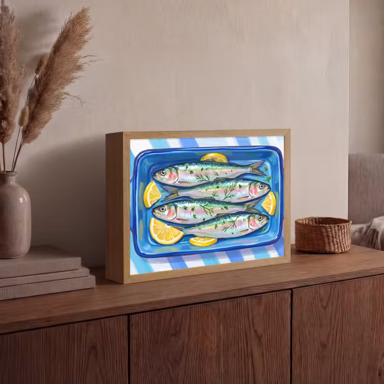 Vis - Citroen - Kruiden - Eten - Blauw Light Box met batterij (Wandlamp) middel -sfeer2