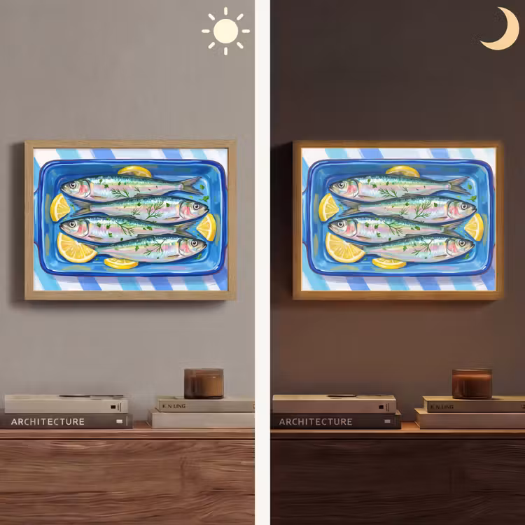 Vis - Citroen - Kruiden - Eten - Blauw Light Box met batterij (Wandlamp) middel -sfeer3
