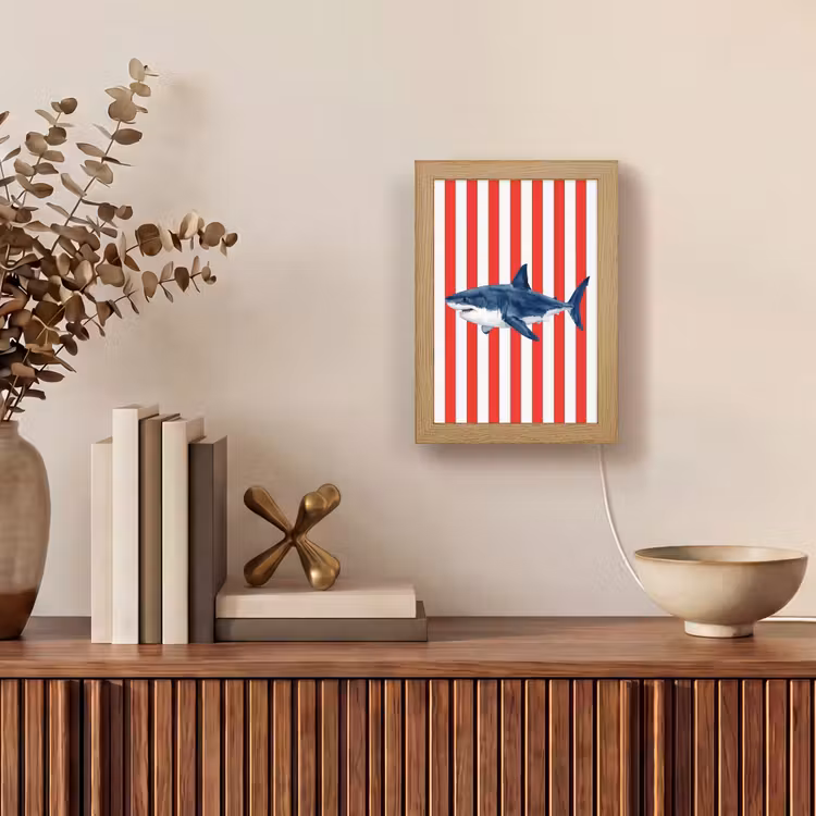 Vis - Haai - Zee - Illustratie - Blauw Light Box met kabel (Wandlamp) klein -sfeer2
