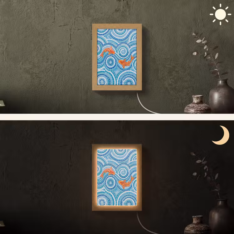 Vis - Mozaïek - Water - Decoratief - Blauw Light Box met kabel (Wandlamp) klein -sfeer3