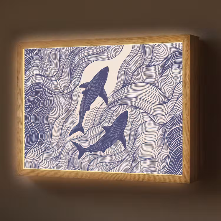 Vis - Oceaan - Lijntekening - Blauw - Dieren Light Box met batterij (Wandlamp) middel -z3d_website