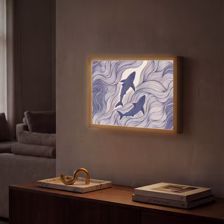 Vis - Oceaan - Lijntekening - Blauw - Dieren Light Box met batterij (Wandlamp) middel -sfeer1