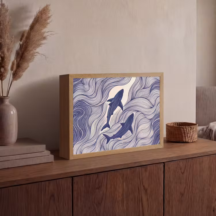 Vis - Oceaan - Lijntekening - Blauw - Dieren Light Box met batterij (Wandlamp) middel -sfeer2