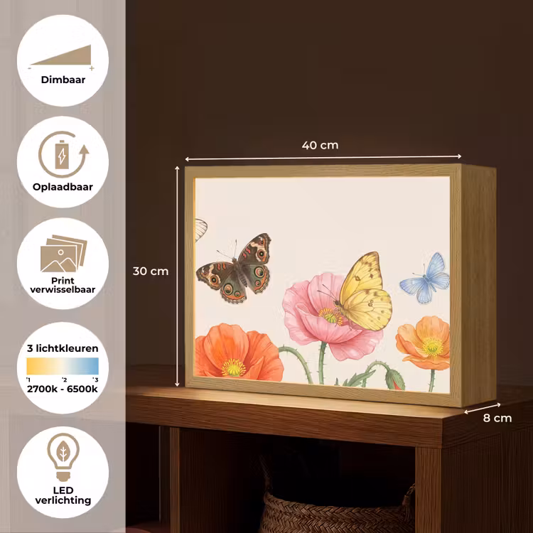 Vlinders - Klaprozen - Illustratie - Kleurrijk Light Box met batterij (Wandlamp) middel -USP_websiteoverzichtNL