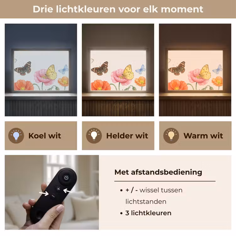 Vlinders - Klaprozen - Illustratie - Kleurrijk Light Box met batterij (Wandlamp) middel -USP_lichtkleurNL
