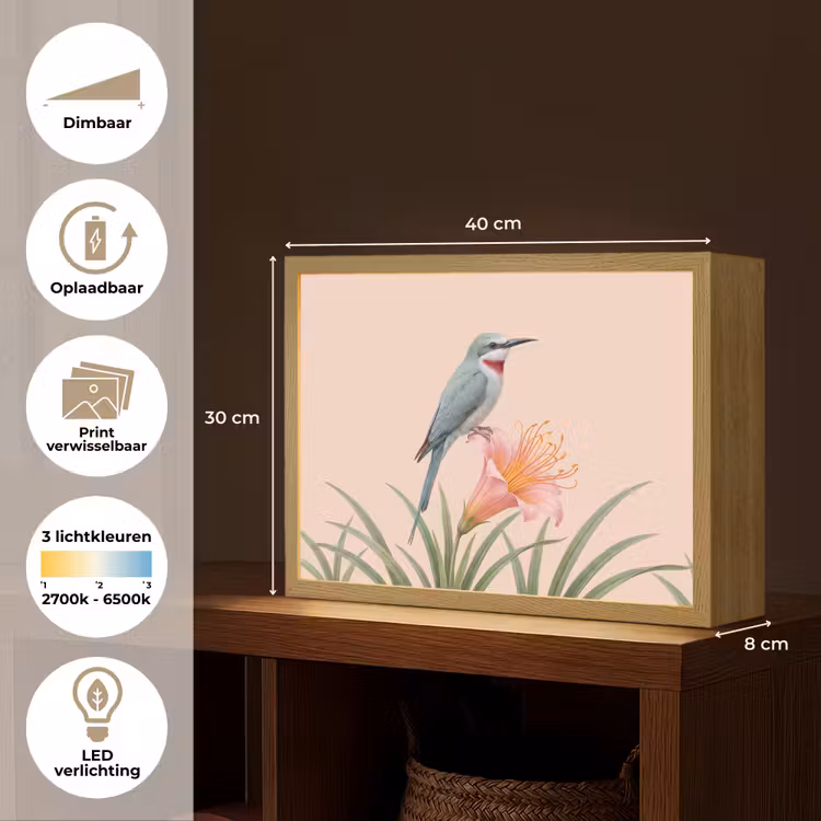 Vogel - Bloem - Natuur - Roze Light Box met batterij (Wandlamp) middel -USP_websiteoverzichtNL