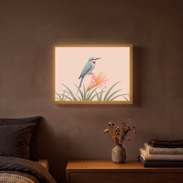 Vogel - Bloem - Natuur - Roze Light Box met batterij (Wandlamp) middel -sfeer4
