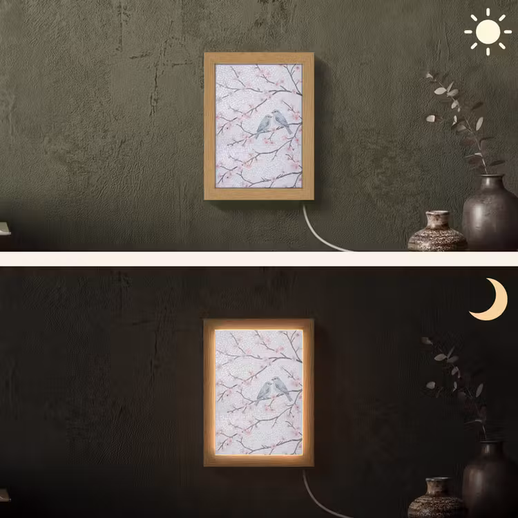 Vogel - Bloemen - Natuur - Mozaïek - Roze Light Box met kabel (Wandlamp) klein -sfeer3