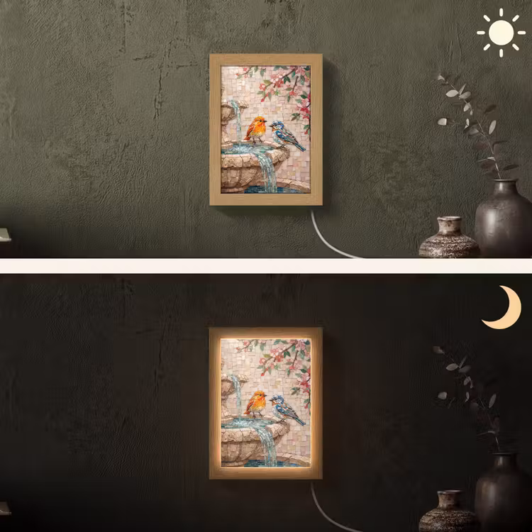 Vogel - fontein - mozaiek - kleurrijk - dieren Light Box met kabel (Wandlamp) klein -sfeer3