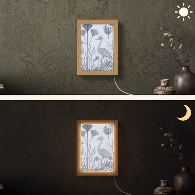Vogel - Tropisch - Illustratie - Blauwgrijs - Natuur Light Box met kabel (Wandlamp) klein -sfeer3