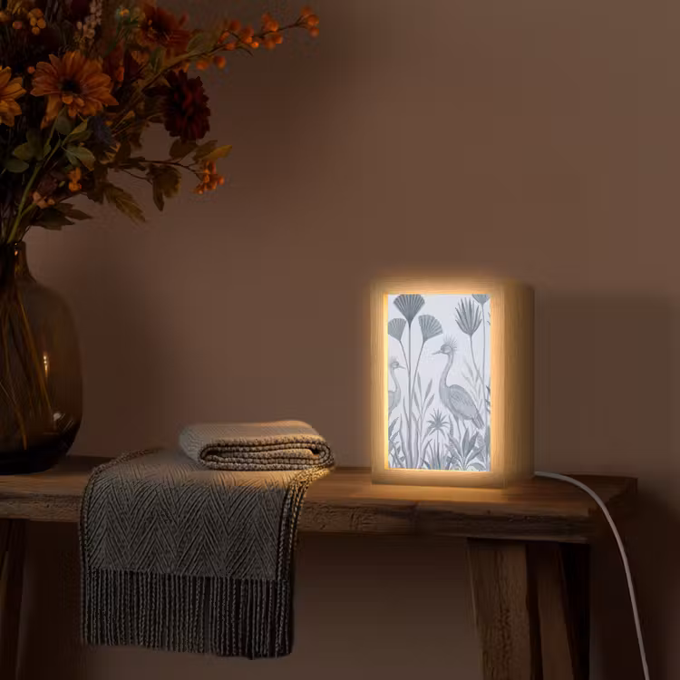 Vogel - Tropisch - Illustratie - Blauwgrijs - Natuur Light Box met kabel (Wandlamp) klein -sfeer4