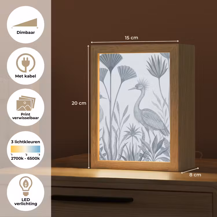 Vogel - Tropisch - Illustratie - Blauwgrijs - Natuur Light Box met kabel (Wandlamp) klein -USP_websiteoverzichtNL