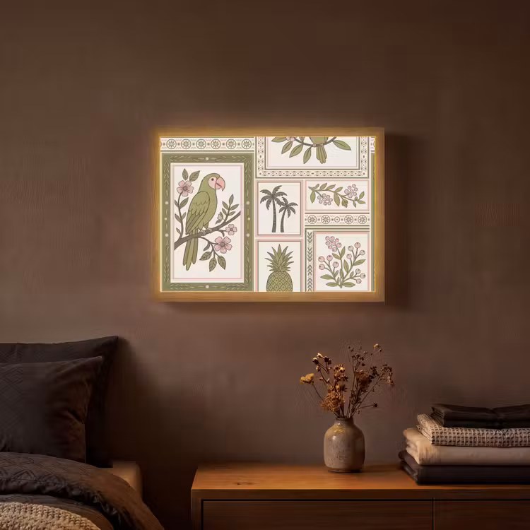 Vogel - Tropisch - Patroon - Decoratief - Groen Light Box met batterij (Wandlamp) middel -sfeer4