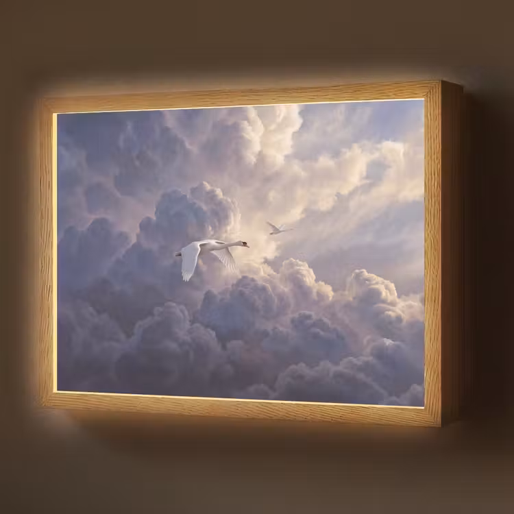 Vogel - Vliegend - Natuur - Wit - Wolken Light Box met batterij (Wandlamp) middel -z3d_website
