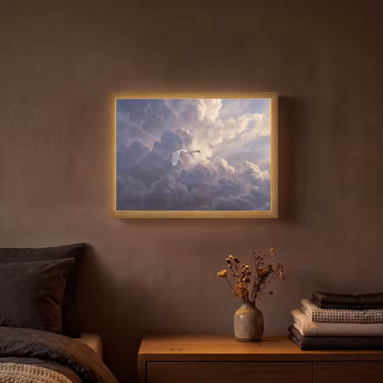 Vogel - Vliegend - Natuur - Wit - Wolken Light Box met batterij (Wandlamp) middel -sfeer4
