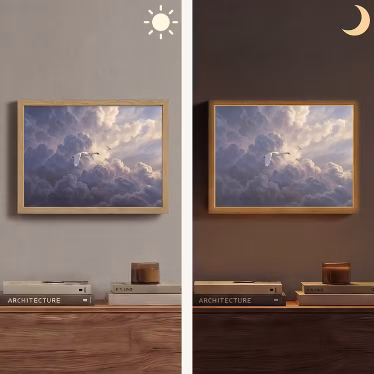 Vogel - Vliegend - Natuur - Wit - Wolken Light Box met batterij (Wandlamp) middel -sfeer3