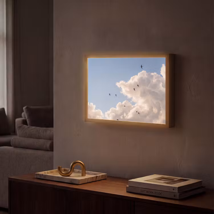 Vogel - Vlucht - Wolken - Natuur - Blauw Light Box met batterij (Wandlamp) middel -sfeer1