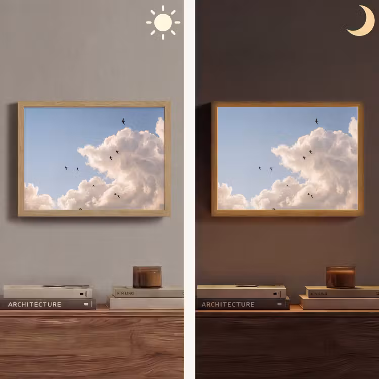 Vogel - Vlucht - Wolken - Natuur - Blauw Light Box met batterij (Wandlamp) middel -sfeer3