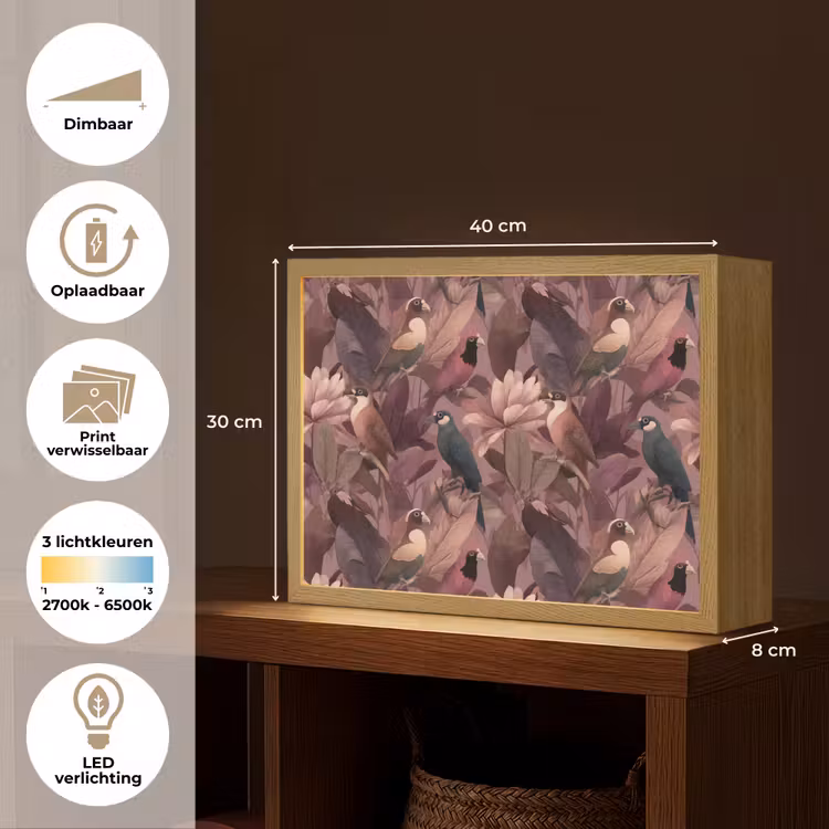 Vogels - Bladeren - Roze Light Box met batterij (Wandlamp) middel 907 -USP_websiteoverzichtNL