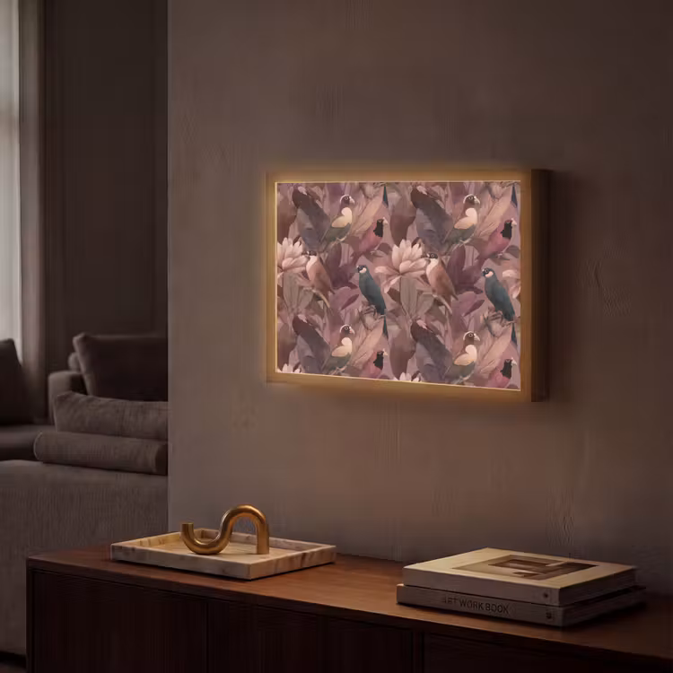 Vogels - Bladeren - Roze Light Box met batterij (Wandlamp) middel 907 -sfeer1