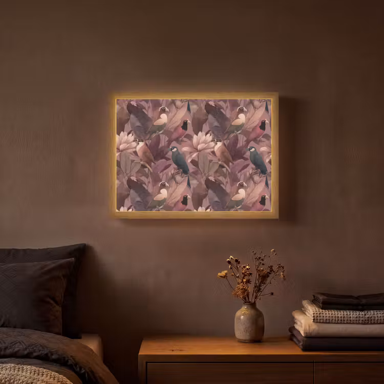Vogels - Bladeren - Roze Light Box met batterij (Wandlamp) middel 907 -sfeer4