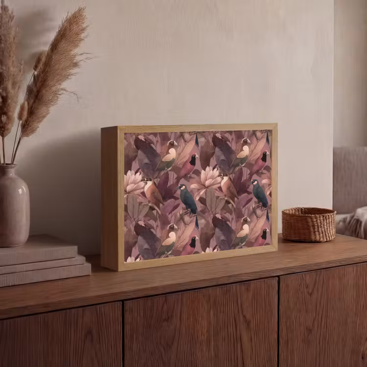 Vogels - Bladeren - Roze Light Box met batterij (Wandlamp) middel 907 -sfeer2