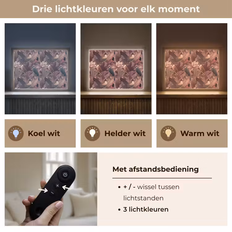 Vogels - Bladeren - Roze Light Box met batterij (Wandlamp) middel 907 -USP_lichtkleurNL