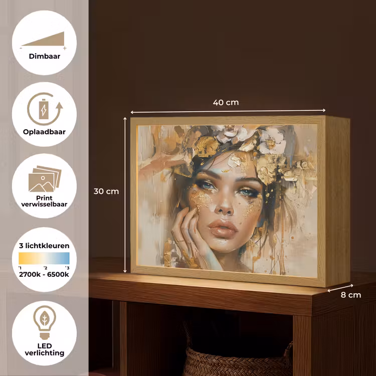 Vrouw - Bloemen - Goud - Portret Light Box met batterij (Wandlamp) middel -USP_websiteoverzichtNL