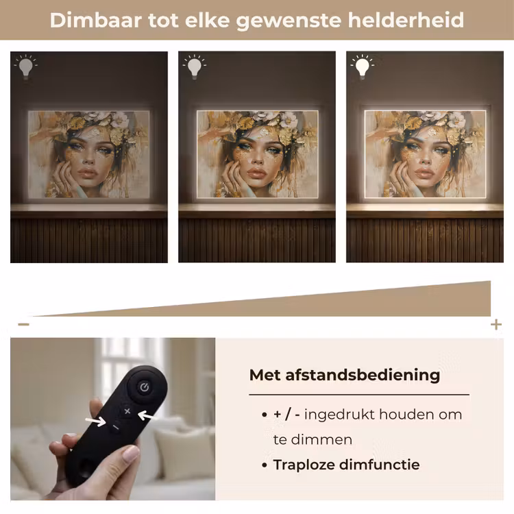 Vrouw - Bloemen - Goud - Portret Light Box met batterij (Wandlamp) middel -USP_dimbaarNL