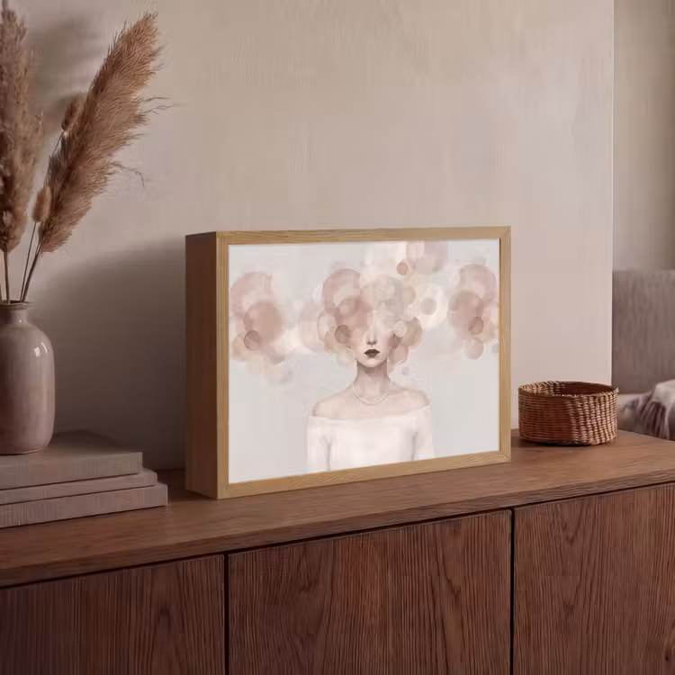 Vrouw - Cirkels - Beige Light Box met batterij (Wandlamp) middel -sfeer2