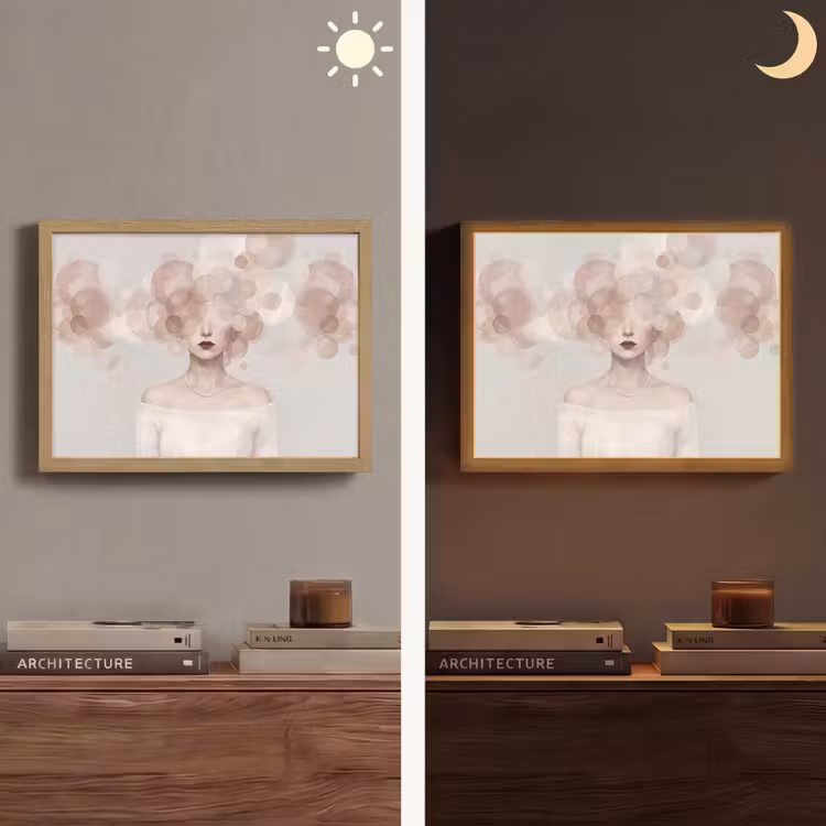 Vrouw - Cirkels - Beige Light Box met batterij (Wandlamp) middel -sfeer3