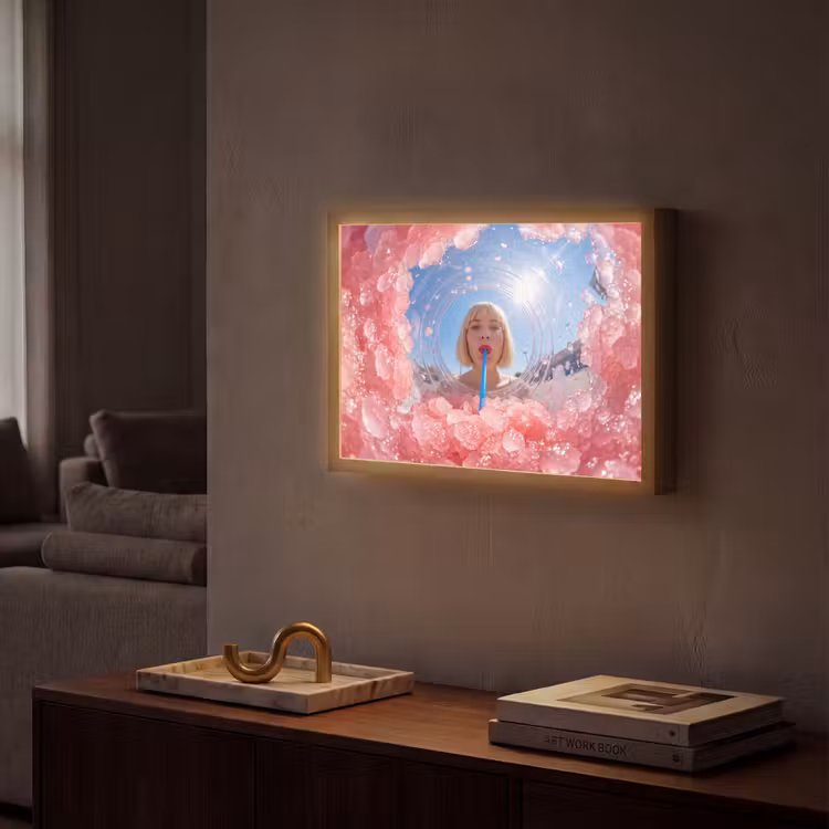 Vrouw - Drank - Zomer - Roze - Blauw Light Box met batterij (Wandlamp) middel -sfeer1